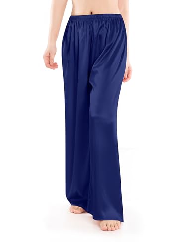 Wantschun Damen Schlafanzughose lang Satin Silk Pyjamahose Wide Leg Nachtwäsche Hose Navy Blau;Large von Wantschun