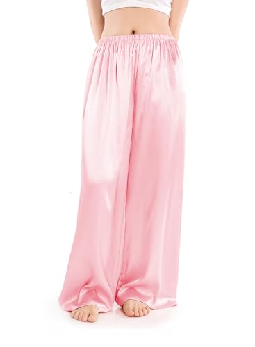 Wantschun Damen Schlafanzughose lang Satin Silk Pyjamahose Wide Leg Nachtwäsche Hose Rosa ; XXL von Wantschun