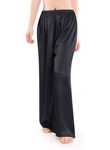 Wantschun Damen Schlafanzughose lang Satin Silk Pyjamahose Wide Leg Nachtwäsche Hose Schwarz;XX-Large von Wantschun