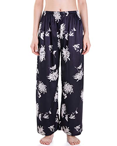 Wantschun Damen Schlafanzughose lang Satin Silk Pyjamahose Wide Leg Nachtwäsche Hose Schwarz Blumen;Medium von Wantschun
