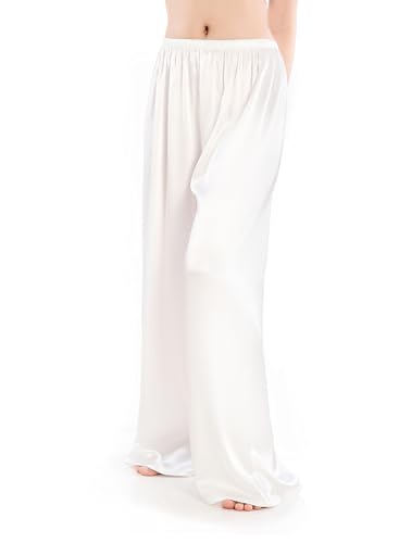 Wantschun Damen Schlafanzughose lang Satin Silk Pyjamahose Wide Leg Nachtwäsche Hose Weiß;Large von Wantschun