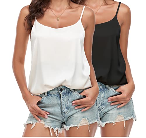 Wantschun Damen Silk Satin Camisole Spaghetti Träger Rundhal Cami Tank Top Bluse Vest Rundhal - 2-Pack:Schwarz+Weiß ; 1X von Wantschun