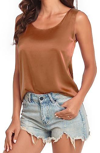Wantschun Damen Silk Satin Tank Top Bluse Hemd Shirt Sommer Ärmellose Camisole Rundhal Ausschnitt - Braun ; L von Wantschun