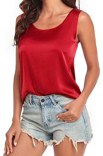 Wantschun Damen Silk Satin Tank Top Bluse Hemd Shirt Sommer Ärmellose Camisole Rundhal Ausschnitt - Rot ; 2X von Wantschun