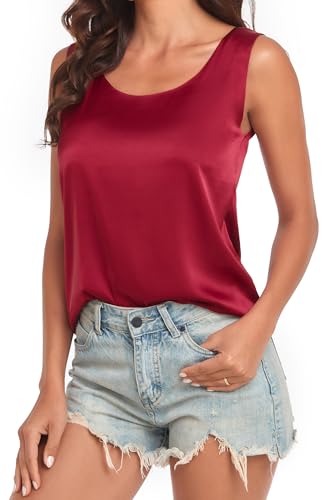 Wantschun Damen Silk Satin Tank Top Bluse Hemd Shirt Sommer Ärmellose Camisole Rundhal Ausschnitt - Weinrot ; 2X von Wantschun