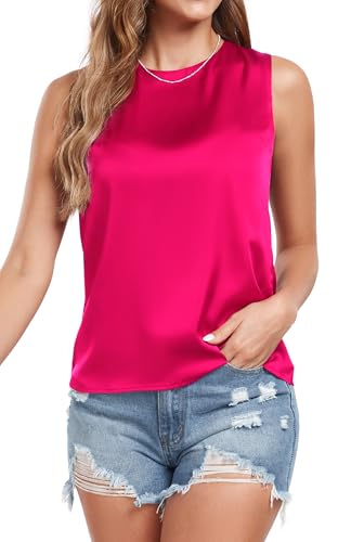 Wantschun Damen Silk Satin Tank Top Hemd Sommer Rundhalsausschnitt Ärmellose Blusenshirt Camisole Dunkelrosa ; L von Wantschun