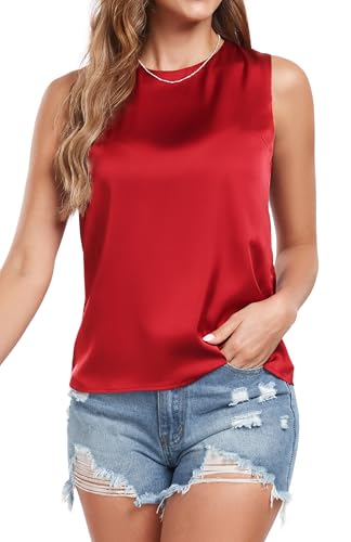 Wantschun Damen Silk Satin Tank Top Hemd Sommer Rundhalsausschnitt Ärmellose Blusenshirt Camisole Rot ; L von Wantschun