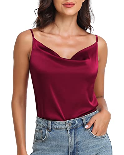 Wantschun Damen Silk Satin Wasserfallausschnitt Camisole Spaghetti Träger Cami Tank Top Bluse Vest Weinrot ; 2X von Wantschun
