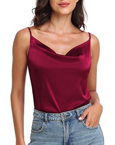 Wantschun Damen Silk Satin Wasserfallausschnitt Camisole Spaghetti Träger Cami Tank Top Bluse Vest Weinrot ; 3X von Wantschun