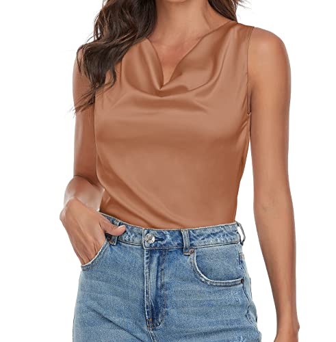 Wantschun Damen Silk Satin Wasserfallausschnitt Tank Top Bluse Vest Hemd Shirt Braun ; L von Wantschun