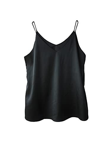 Wantschun Damen Seiden-Satin-Mieder, Camisole mit Trägern, einfarbig, Top, T-Shirt, Bluse, Tank-Shirt, V-Ausschnitt, Spaghettiträger, XXS-4XL - Schwarz - Groß von Wantschun