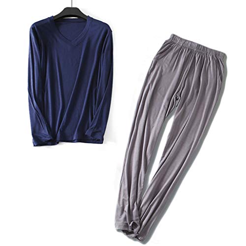 Wantschun Herren Modal Bamboo Fiber Nachtwäsche Zweiteiliger Schlafanzug V-Ausschnitt Langarm Pyjama Set (Blau+Dunkelgrau;EU S) von Wantschun