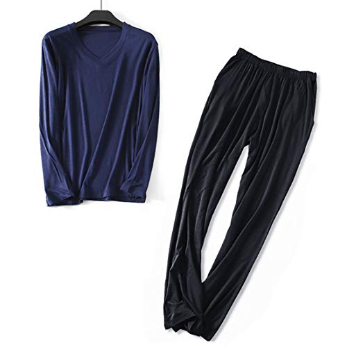 Wantschun Herren Modal Bamboo Fiber Nachtwäsche Zweiteiliger Schlafanzug V-Ausschnitt Langarm Pyjama Set (Blau+Schwarz;EU XL) von Wantschun