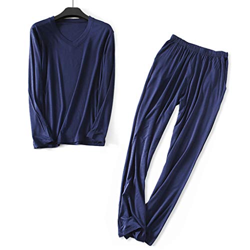 Wantschun Herren Modal Bamboo Fiber Nachtwäsche Zweiteiliger Schlafanzug V-Ausschnitt Langarm Pyjama Set (Blau;EU L) von Wantschun