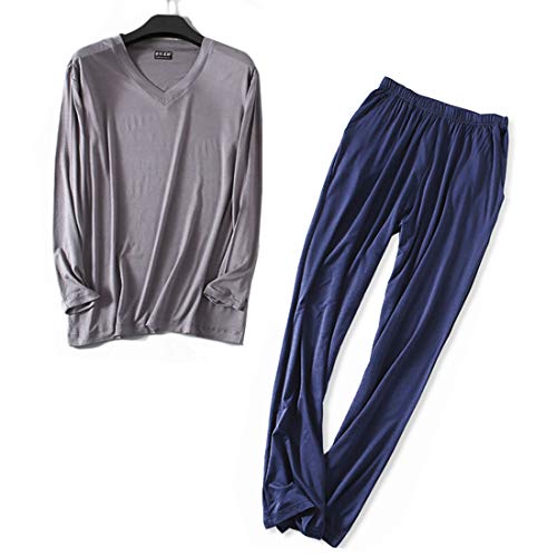 Wantschun Herren Modal Bamboo Fiber Nachtwäsche Zweiteiliger Schlafanzug V-Ausschnitt Langarm Pyjama Set (Dunkelgrau+Blau;EU M) von Wantschun