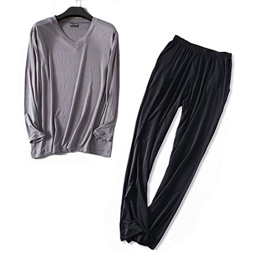 Wantschun Herren Modal Bamboo Fiber Nachtwäsche Zweiteiliger Schlafanzug V-Ausschnitt Langarm Pyjama Set (Dunkelgrau+Schwarz;EU XL) von Wantschun