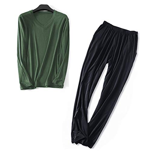 Wantschun Herren Modal Bamboo Fiber Nachtwäsche Zweiteiliger Schlafanzug V-Ausschnitt Langarm Pyjama Set (Grün+Schwarz;EU XL) von Wantschun