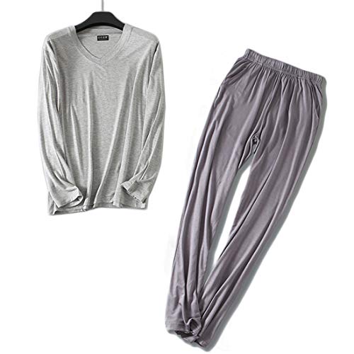 Wantschun Herren Modal Bamboo Fiber Nachtwäsche Zweiteiliger Schlafanzug V-Ausschnitt Langarm Pyjama Set (Hellgrau+Dunkelgrau;EU L) von Wantschun