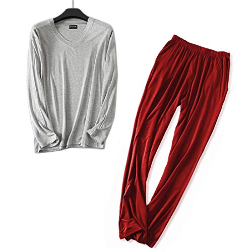Wantschun Herren Modal Bamboo Fiber Nachtwäsche Zweiteiliger Schlafanzug V-Ausschnitt Langarm Pyjama Set (Hellgrau+Rot;EU L) von Wantschun
