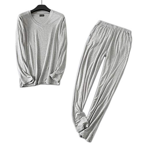 Wantschun Herren Modal Bamboo Fiber Nachtwäsche Zweiteiliger Schlafanzug V-Ausschnitt Langarm Pyjama Set (Hellgrau;EU M) von Wantschun