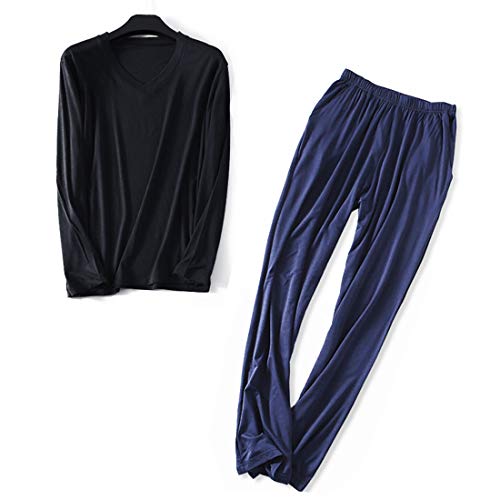 Wantschun Herren Modal Bamboo Fiber Nachtwäsche Zweiteiliger Schlafanzug V-Ausschnitt Langarm Pyjama Set (Schwarz+Blau;EU XL) von Wantschun