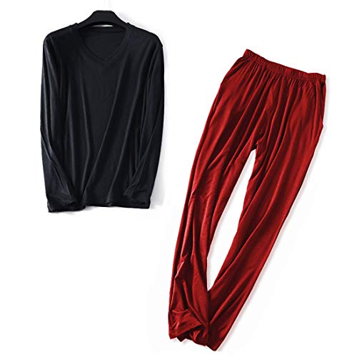 Wantschun Herren Modal Bamboo Fiber Nachtwäsche Zweiteiliger Schlafanzug V-Ausschnitt Langarm Pyjama Set (Schwarz+Rot;EU XL) von Wantschun