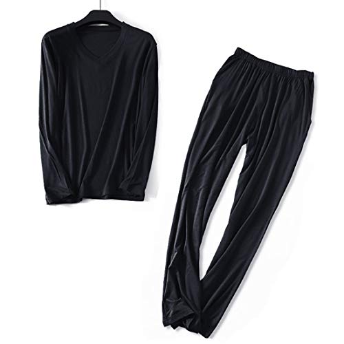 Wantschun Herren Modal Bamboo Fiber Nachtwäsche Zweiteiliger Schlafanzug V-Ausschnitt Langarm Pyjama Set (Schwarz;EU L) von Wantschun