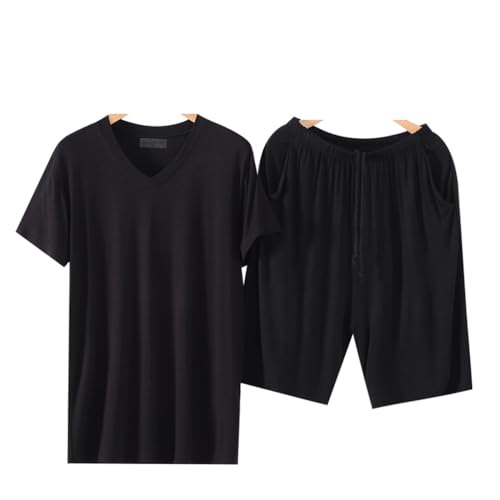 Wantschun Herren Modal Pyjama Set Kurzarm T-Shirt + Shorts Nachtwäsche Zweiteiliger Schlafanzug Schwarz;V-Ausschnitt ; XL von Wantschun