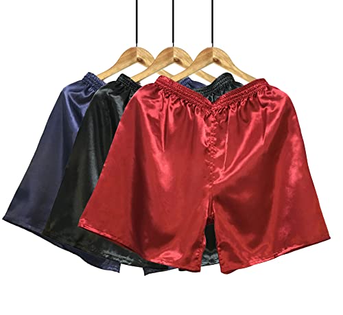 Wantschun Herren Satin Silk Schlafanzughose Nachtwäsche Boxershorts Kurz Pyjama Bottom Shorts Locker Unterhosen Unterwäsche Blau+Schwarz+Rot EU L von Wantschun