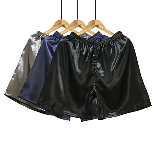 Wantschun Herren Satin Silk Schlafanzughose Nachtwäsche Boxershorts Kurz Pyjama Bottom Shorts Locker Unterhosen Unterwäsche Grau+Blau+Schwarz EU 2XL von Wantschun