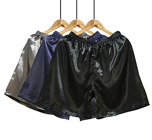 Wantschun Herren Satin Silk Schlafanzughose Nachtwäsche Boxershorts Kurz Pyjama Bottom Shorts Locker Unterhosen Unterwäsche Grau+Blau+Schwarz EU 3XL von Wantschun