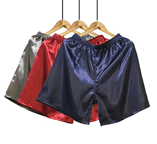 Wantschun Herren Satin Silk Schlafanzughose Nachtwäsche Boxershorts Kurz Pyjama Bottom Shorts Locker Unterhosen Unterwäsche Grau+Rot+Blau EU S von Wantschun