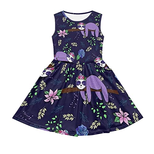 Wanyint Freizeitkleid mit Hühner-Druck, für Mädchen, A-Linie, Swing-Kleid mit Tasche, ärmellos, Größe 2-14, Lila Faultier, 7-8 Jahre von Wanyint