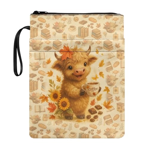 Wanyint Highland Cow Coffee Maple Leaf Book Sleeve Cover Lightweight Fall Autumn Book Pouch Protector with Zipper Washable Polyester 11.4 x 8.7 Inch for Women Girls von Wanyint