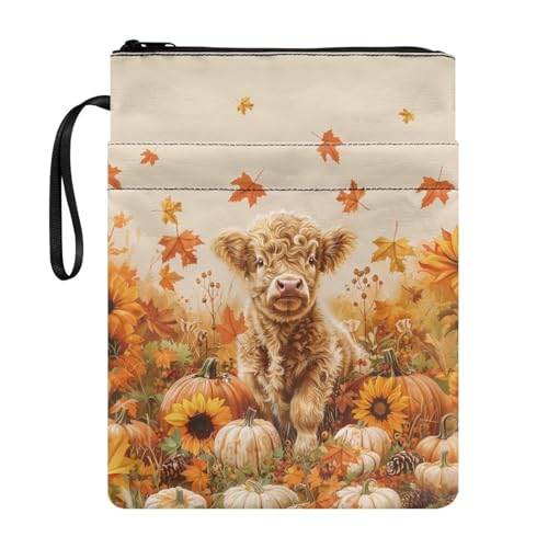 Wanyint Highland Cow Sunflower Pumpkin Maple Book Sleeve Cover Washable Fall Autumn Book Protector with Zipper and Front Pocket 11.7 x 8.4 Inch for Bookworm Librarian von Wanyint