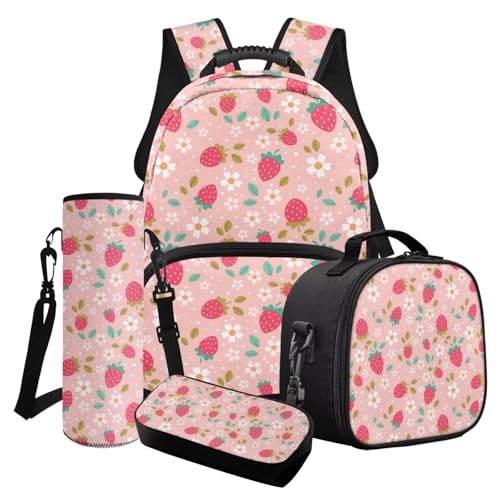 Wanyint Kinder 4-in-1-Schulrucksack-Set, inklusive Mädchen-Büchertasche, Crossbody-Lunchbox, Federmäppchen, Wasserflaschen-Tragetasche, Erdbeer-Kirschblütenblätter, One size von Wanyint