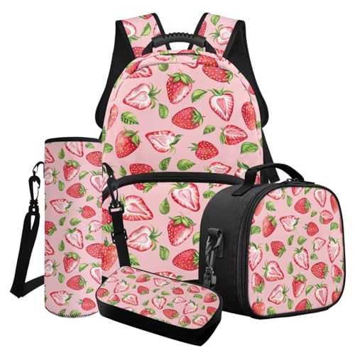 Wanyint Kinder 4-in-1 Schulrucksack-Set, inklusive Mädchen Büchertasche Crossbody Lunchbox Federmäppchen Wasserflasche Tragetasche, Erdbeerblätter, Rosa, One size von Wanyint