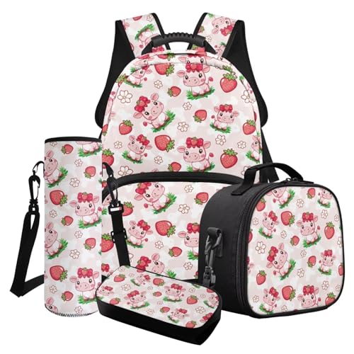 Wanyint Kinder 4-in-1 Schulrucksack-Set, inklusive Mädchen Büchertasche Crossbody Lunchbox Federmäppchen Wasserflasche Tragetasche, Erdbeerkuh-Blume, One size von Wanyint