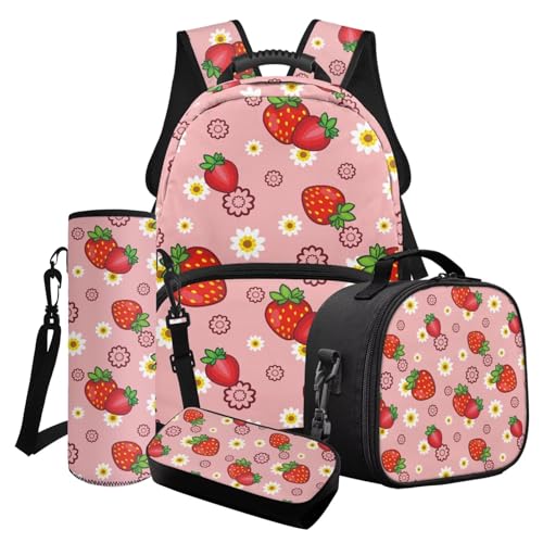 Wanyint Kinder 4-in-1 Schulrucksack-Set, inklusive Mädchen Büchertasche Crossbody Lunchbox Federmäppchen Wasserflasche Tragetasche, Niedliche Erdbeerblume, One size von Wanyint