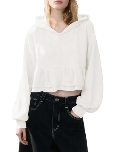 Wanzetaly Damen Herbst Cropped Hoodie Rüschensaum Layered Sweatshirt Reißverschluss Langarm Pullover, Weiss/opulenter Garten, M von Wanzetaly