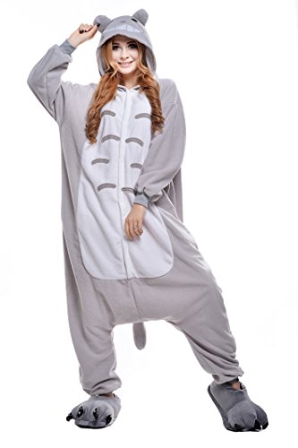 Wanziee Unisex My Neighour Totoro Onesie Tier Cosplay Hoodie Grau Onesie Erwachsene Pyjama Anime Dress Up Cartoon Party Halloween Nachtwäsche S M L XL Gr. Kind M, grau und weiß von Wanziee