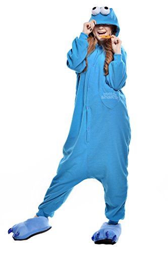 Wanziee Unisex Sesamstraße Cookie Monster Onesie Plüsch Blau Kostüm mit Hoodie Erwachsene Pyjamas für Weihnachten Halloween Party Nachtwäsche S M L XL, blau, L von Wanziee