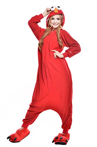 Wanziee Unisex Sesamstraße Elmo Onesie Plüsch Rot Kostüm mit Kapuze Erwachsene Pyjama für Weihnachten Halloween Party Nachtwäsche S M L XL, rot, L von Wanziee