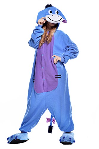 Wanziee Unisex Winnie The Pooh Iah Onesie Plüsch Blau Esel Kostüm mit Kapuze Erwachsene Pyjama für Weihnachten Halloween Party Nachtwäsche S M L XL, blau, XL von Wanziee