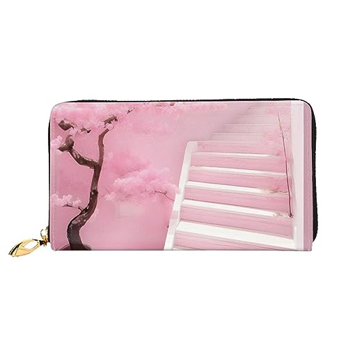 Cherry Blossom White Staircase Damen Geldbörse mit langem Reißverschluss, 19 x 10 cm, mit Kreditkartenfächern innen, leicht und langlebig., Schwarz, Einheitsgröße, Modern von WapNo