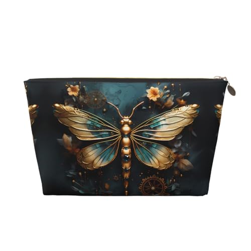Goldfarbene Damen-Kosmetiktasche mit zartem Libellen-Blumenmuster, Lederhandtasche, tragbar, großes Fassungsvermögen, Reißverschluss, Reisetasche, Aufbewahrungstasche, Gold, Einheitsgröße, gold, Goldfarbene Damen-Kosmetiktasche mit zartem Libellen-Blumenmuster, Lederhandtasche, tragbar, großes Fassungsvermögen, Reißverschluss, Reisetasche, Aufbewahrungstasche, Gold, Einheitsgröße, gold, von WapNo