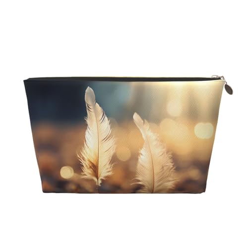 Kosmetiktasche für Damen, mit Federmuster, Leder, tragbar, großes Fassungsvermögen, Reißverschluss, Reisetasche, Aufbewahrungstasche, gold, Einheitsgröße Kosmetiktasche für Damen, mit Federmuster, Leder, tragbar, großes Fassungsvermögen, Reißverschluss, Reisetasche, Aufbewahrungstasche, gold, Einheitsgröße von WapNo