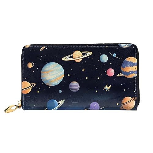 Saturn Jupiter Earth Damen-Geldbörse mit langem Reißverschluss, 19 x 10 cm, mit Kreditkartenfächern innen, leicht und langlebig., Schwarz, Einheitsgröße, Modern von WapNo