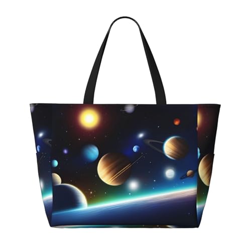 WapNo Celestial Planet Strand-Reisetasche, Schulter-Einkaufstasche, tägliche Reise, Schulter-Handtasche, große Kapazität Aufbewahrungstasche, Schwarz , Einheitsgröße von WapNo