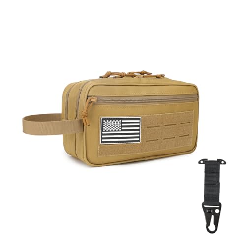 Taktische Kulturtasche für Herren - MOLLE Dopp Kit mit Trocken-/Nass-Trennung, großes Fassungsvermögen, wasserabweisend, Reise-Rasiertasche mit US-Patch & T-Mount MOLLE-Clip (Khaki) von Wapealy